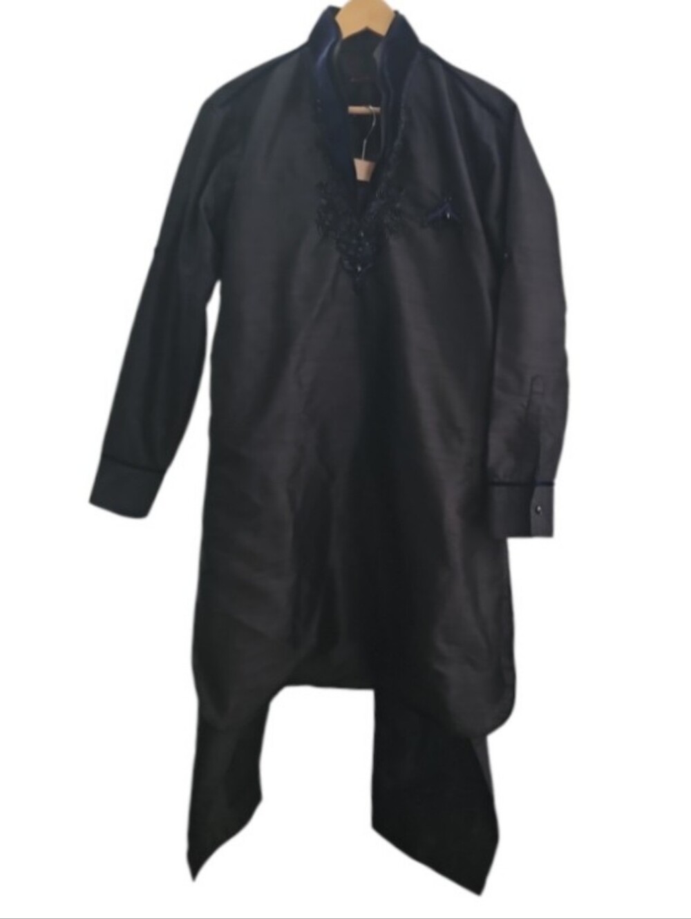 Black Kurta Pants Set Beaded Embroidered Blue Velvet Traditional Outfit Sz M